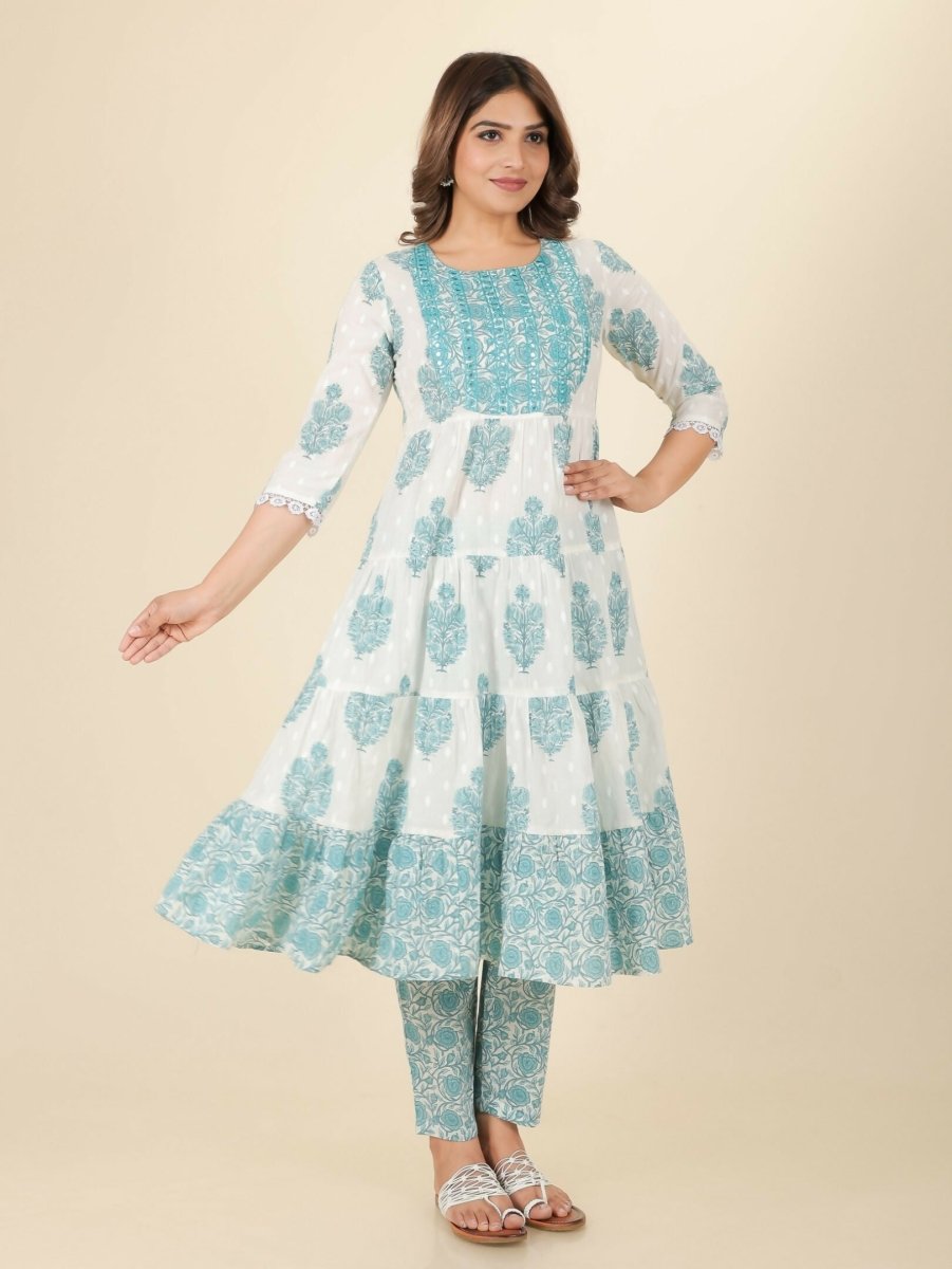 Aramya White Soft Cotton Block Print Anarkali Kurta Set for Women