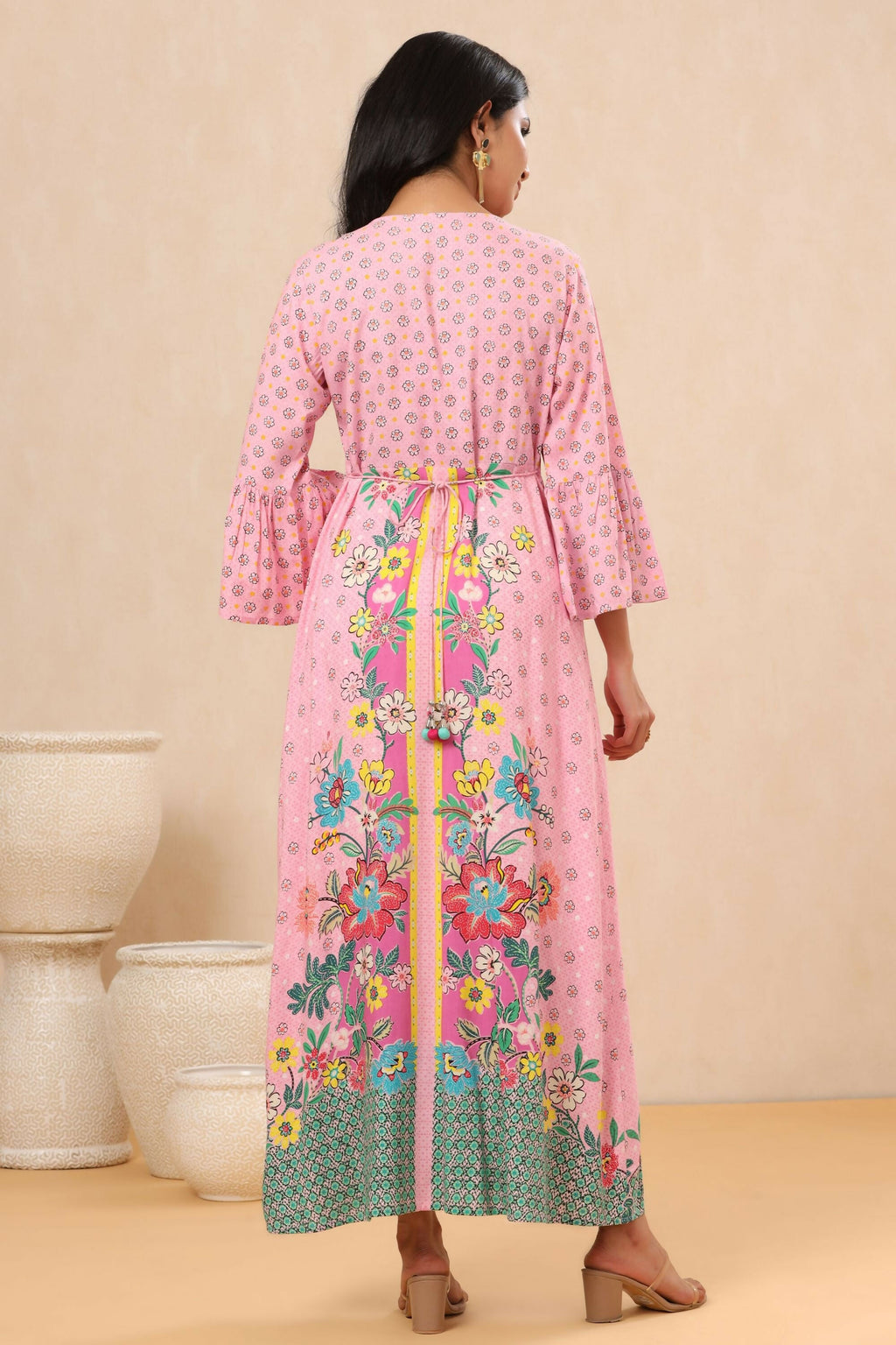 Juniper Pink Floral Printed Rayon Kurta With Buttons Closure At Back