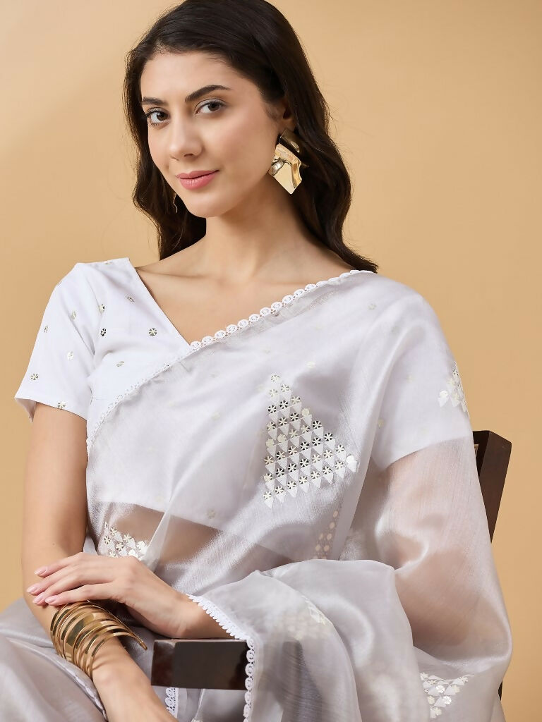 Grey Tissue Slub Embroidered Saree with Unstitched Blouse - Vairagi