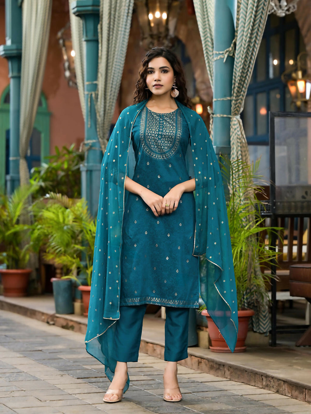 Juniper Women's Blue Ethnic Motif Printed Muslin Kurta Set With Zari Work & Gota Patti