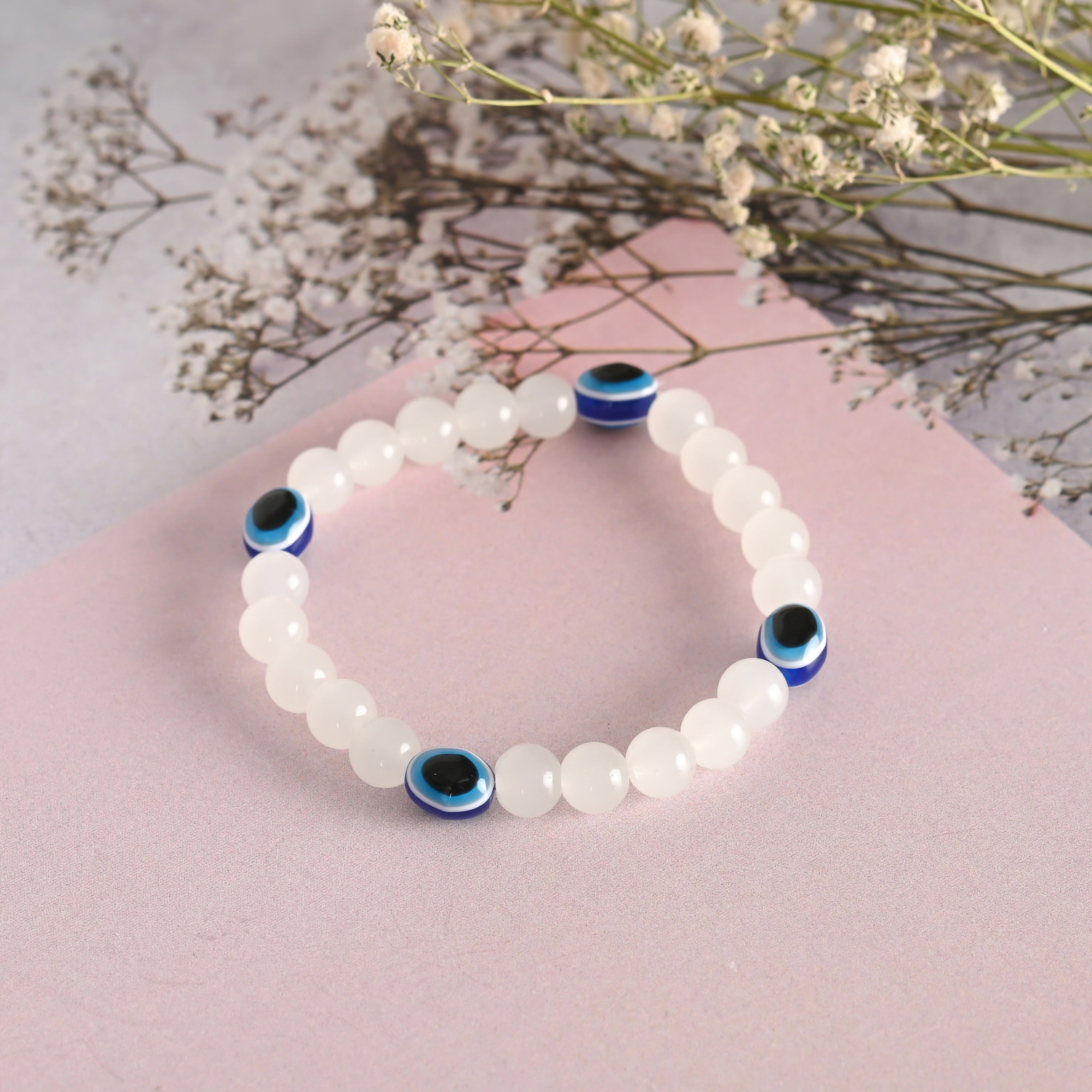 NVR Men & Women White Marbel Crystal Elasticated Bracelet