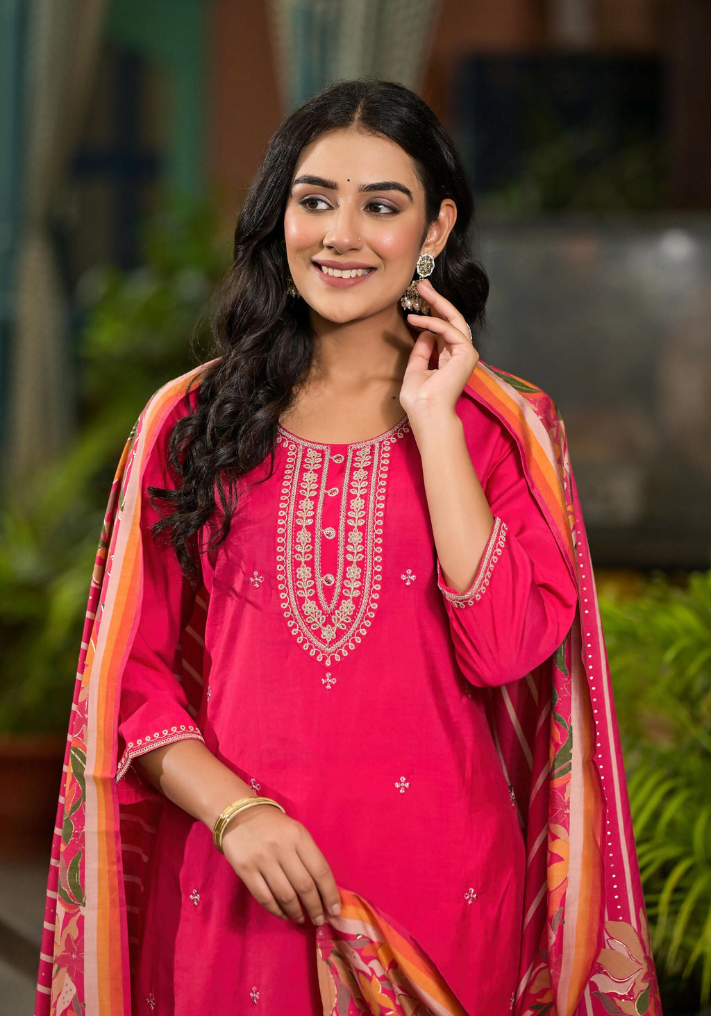 Juniper Women's Fuchsia Floral Printed Viscose Kurta Pant And Dupatta Set With Zari Work