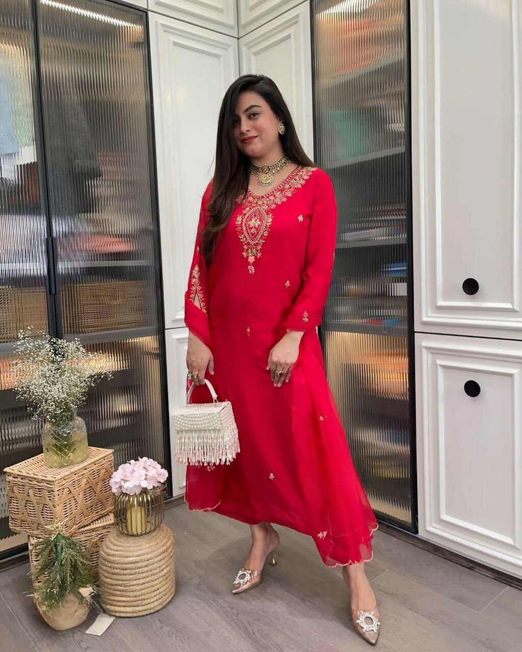 The52 Red Beautiful Embroidered Rayon Fabric Straight Kurta Pant with Dupatta Set