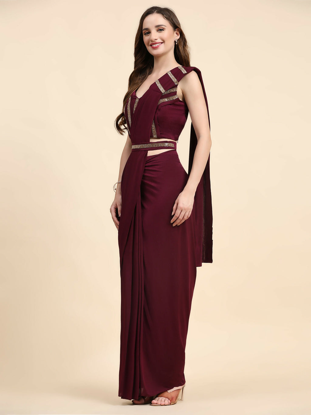 Maroon Polyester Solid Ready to Wear Saree with stitched Blouse - Nita