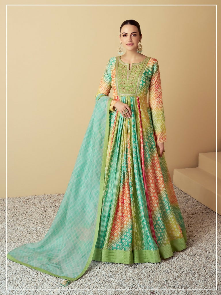 Vastranavya Turquoise Muslin Printed Sequins Beads Work Abaya Style Anarkali Suit