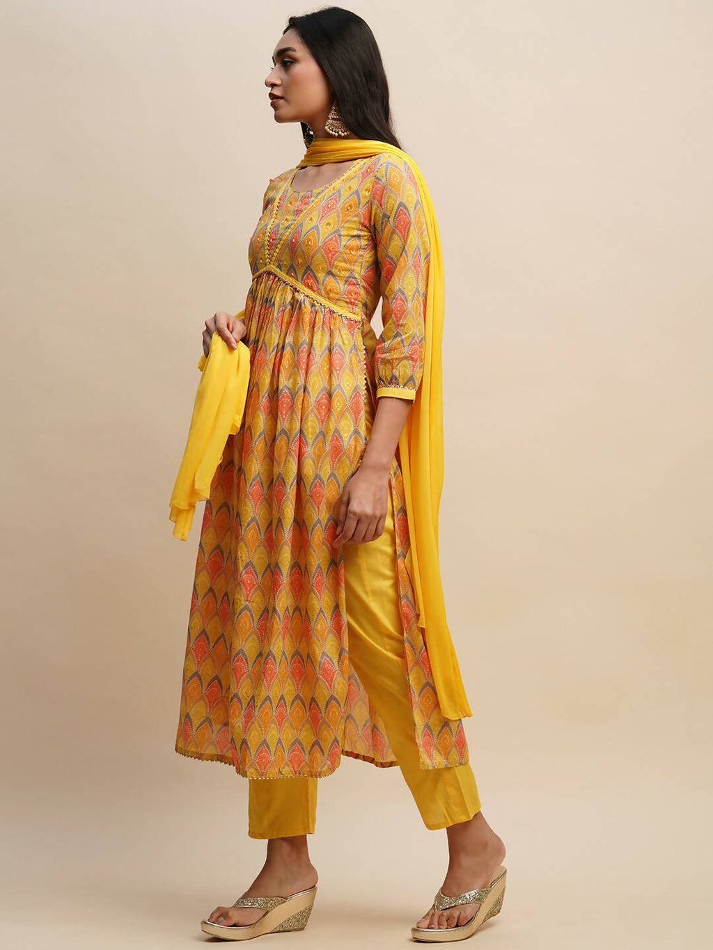 Yellow Pure Cotton Bandhani Printed Naira Cut Kurta And Bottom With Dupatta - Akashara