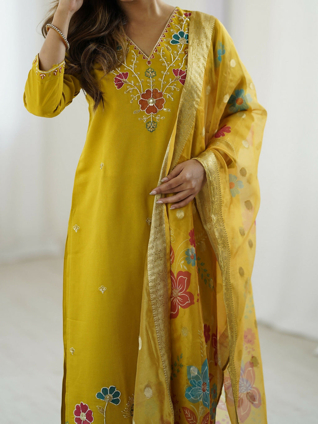 The52 Yellow Women's Gorgeous Embroidered work Viscose Gadhwal Fabric Straight Kurta, Pant and Dupatta Set
