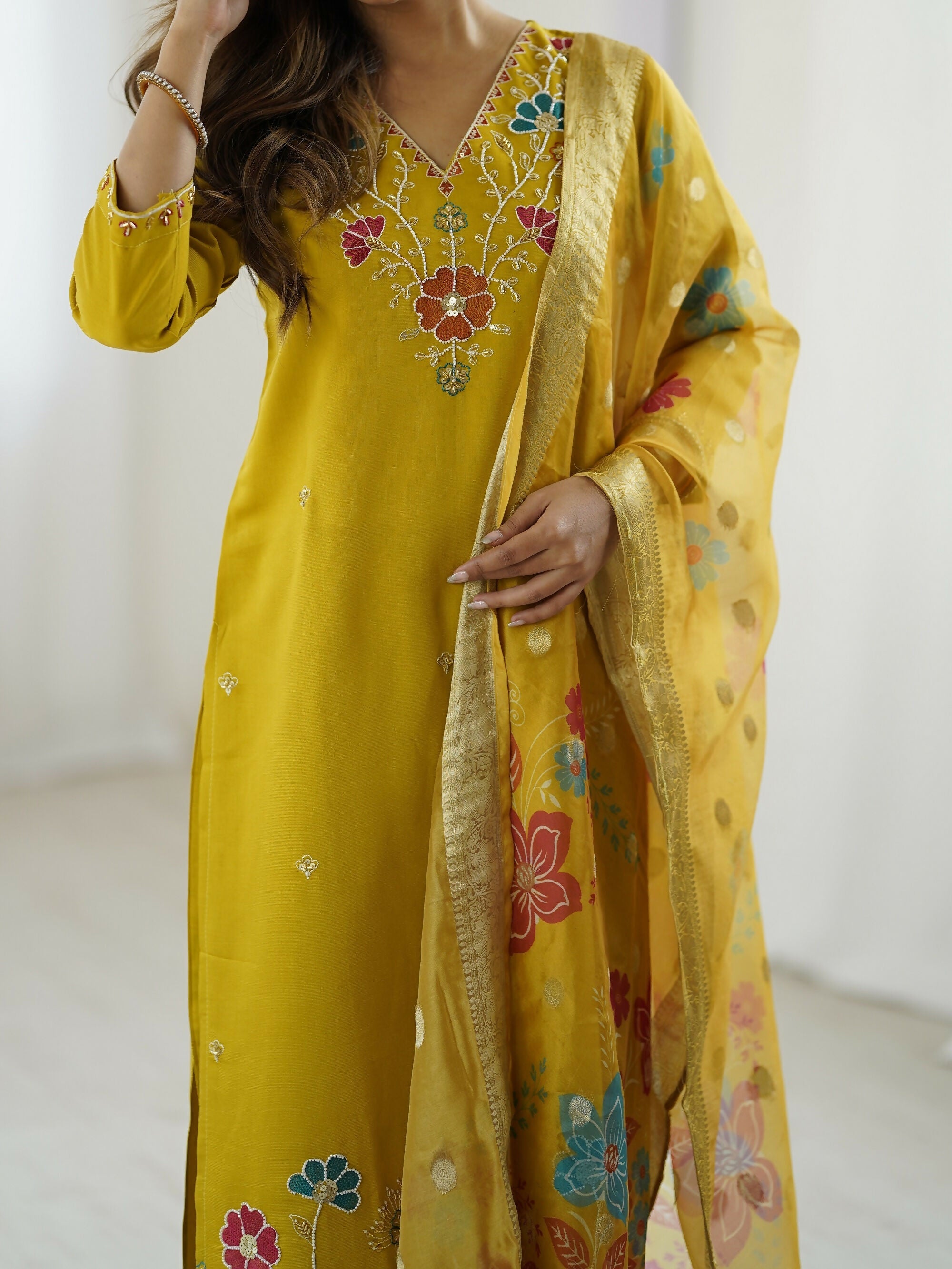 The52 Yellow Women's Gorgeous Embroidered work Viscose Gadhwal Fabric Straight Kurta, Pant and Dupatta Set
