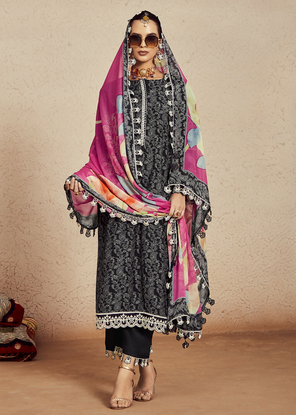 Muslin Cotton Digital Print & Embroidered Black Salwar Suit - Emponline