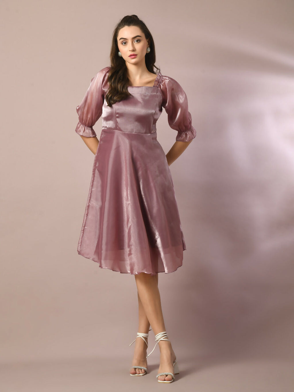 Myshka Women's Brown Solid Square Neck Fit and Flare Party Dress
