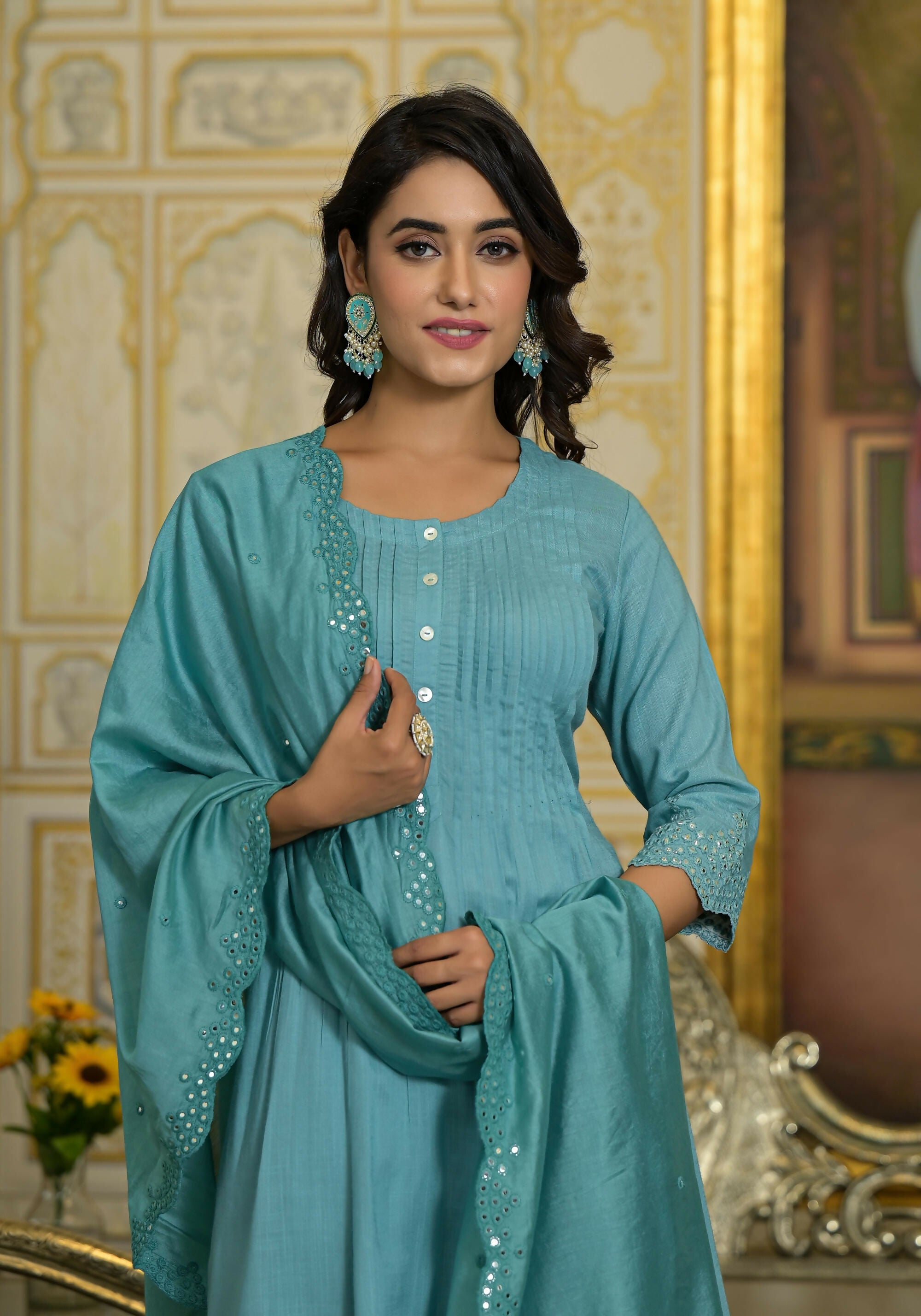 Juniper Women's Sky Blue Mirror Embroidered Liva Rayon Kurta Pant And Dupatta Set With Lace & Button Detail