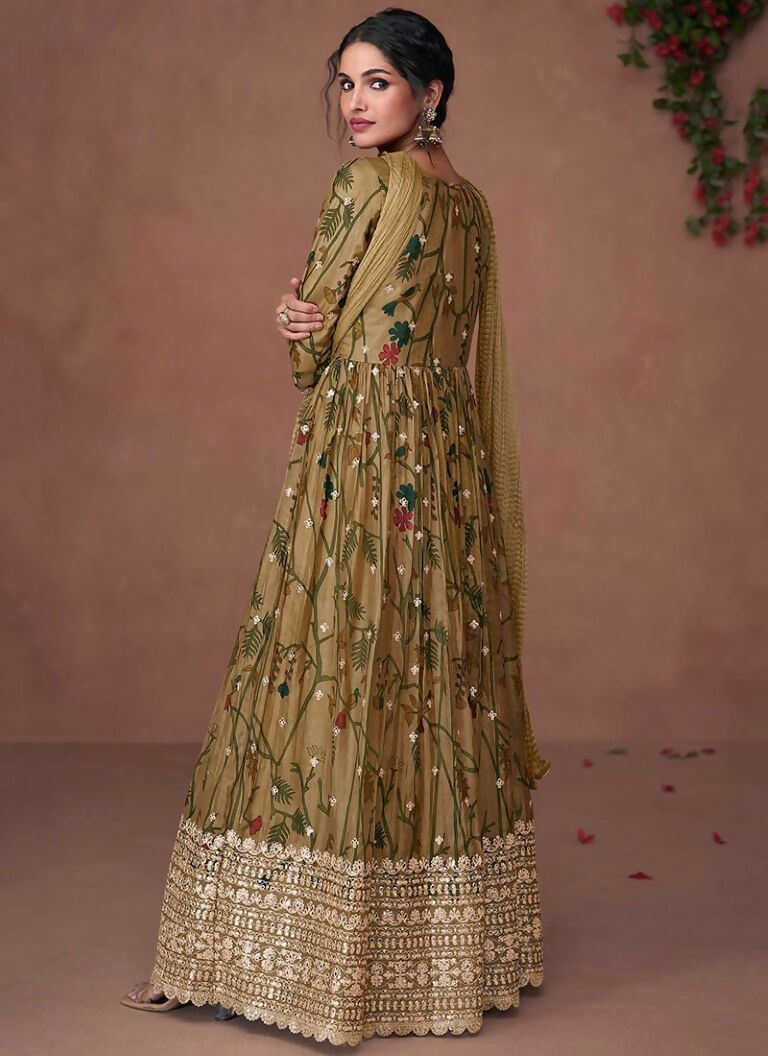 Vastranavya Green Organza Silk Floral Printed & Foil Mirror Work Anarkali Suit Set