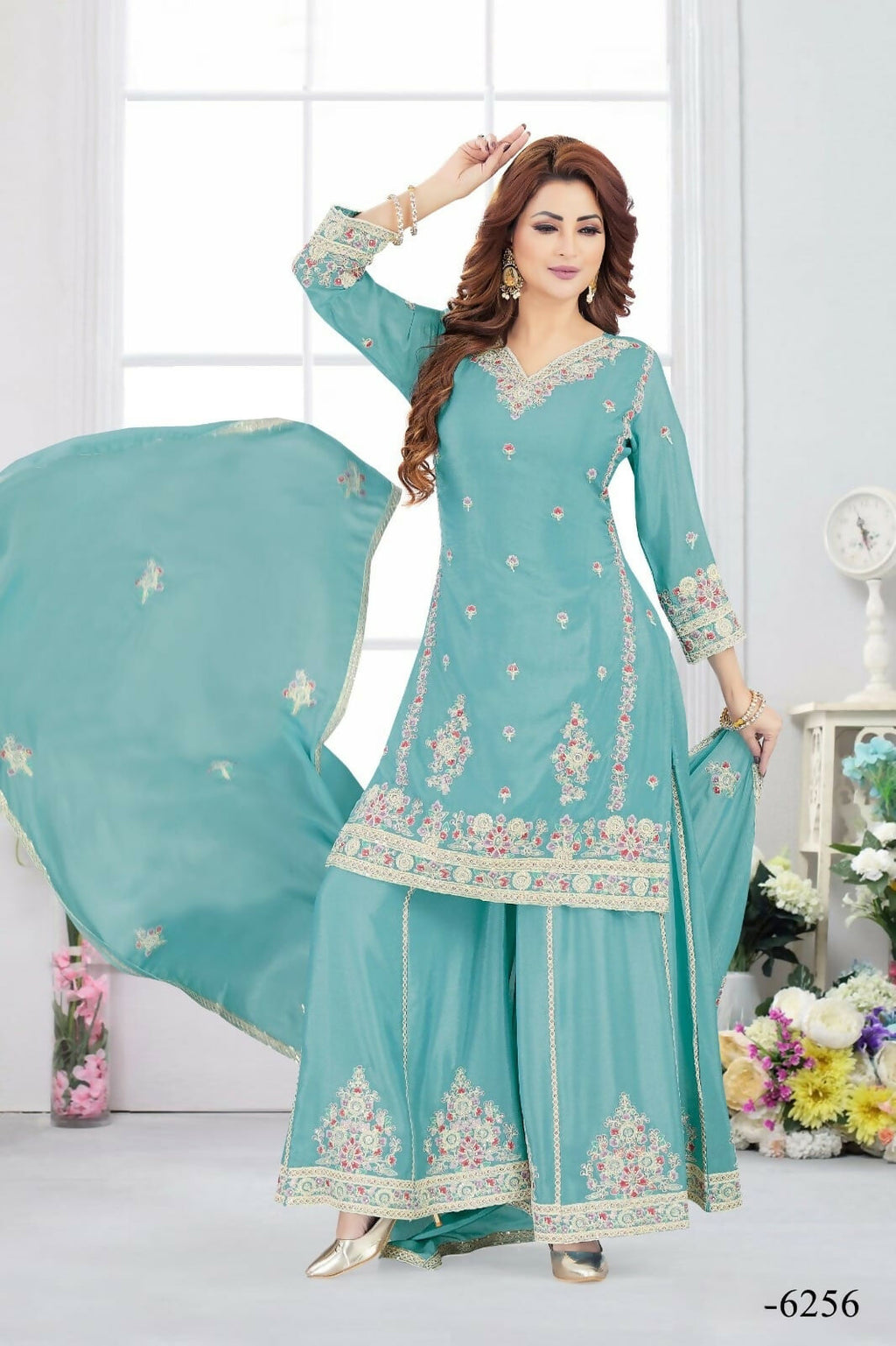 Joban Fashion Chinon Silk Firozi Color Kurta Set