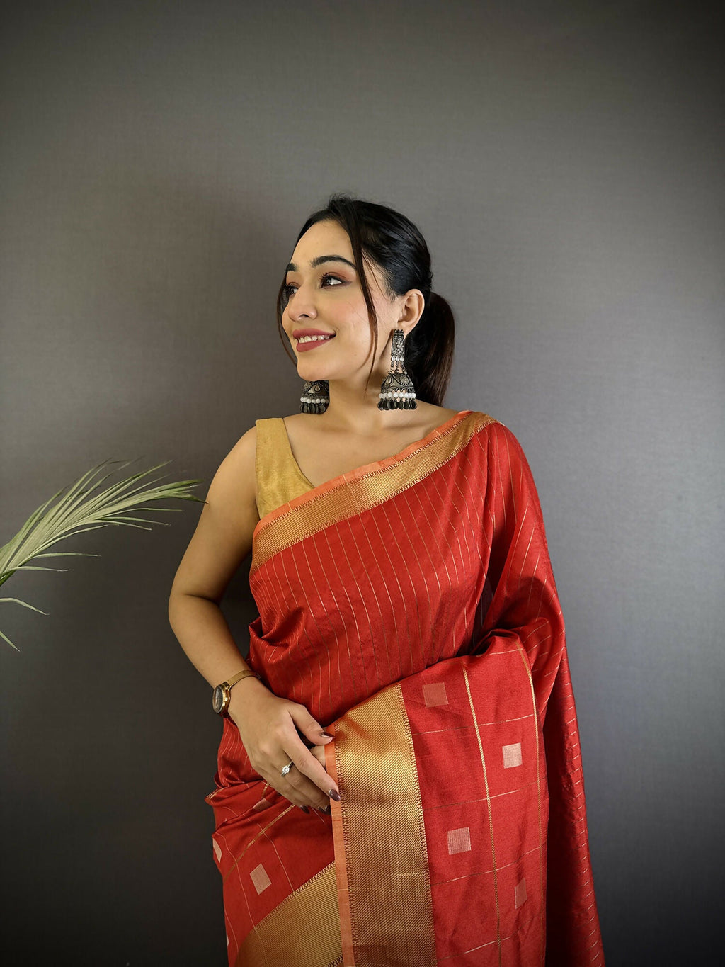Joban Fashion Red Bhagalpuri Cotton Silk Stripes/Box Saree