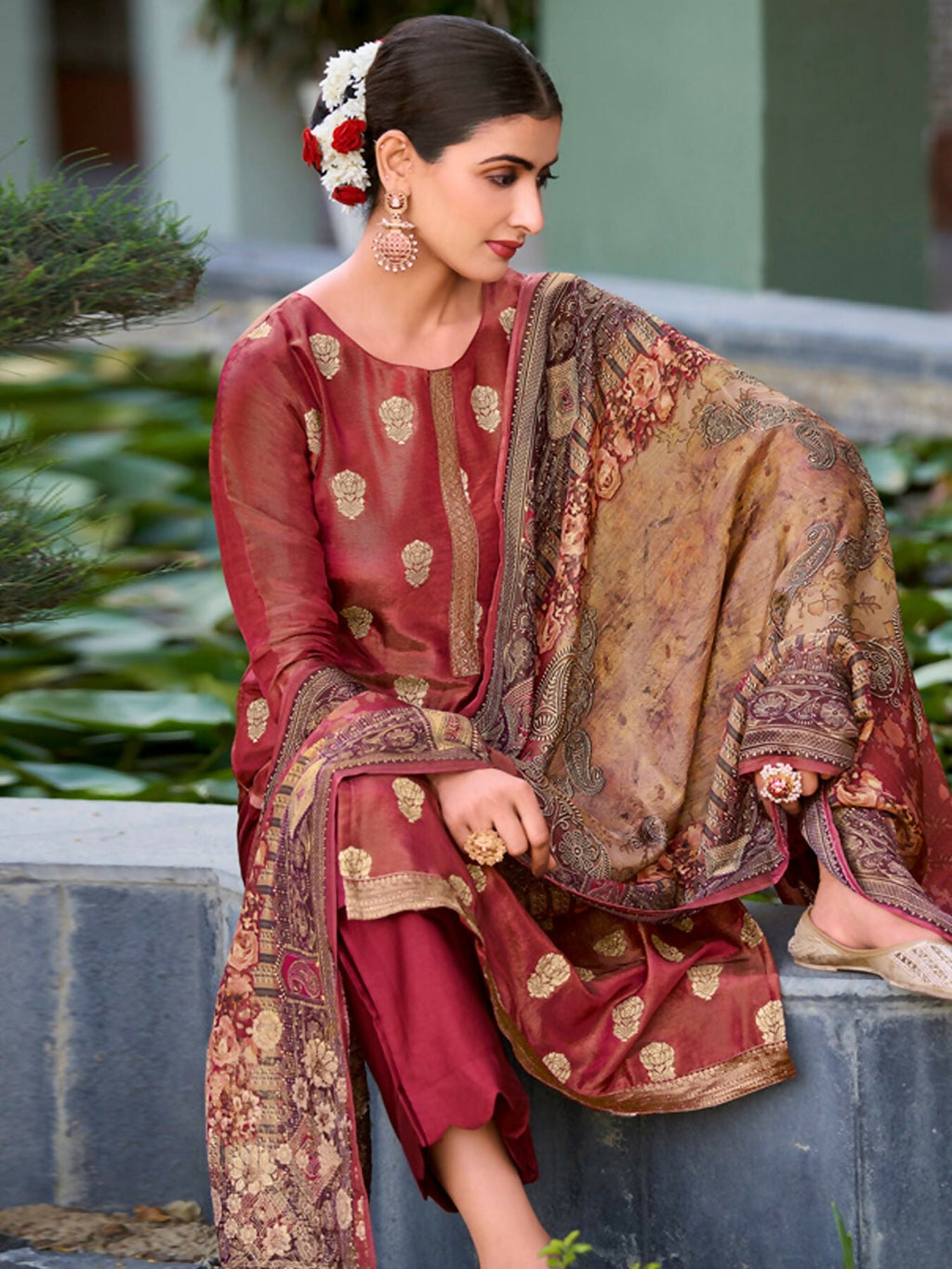 Jyoti Fashion Women's Maroon Pure Silk Elegant Jacquard Woven Kurta with Trouser & Dupatta
