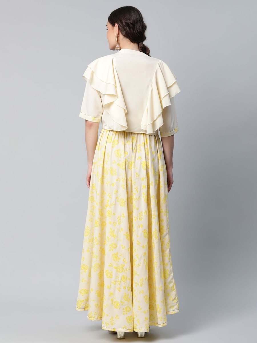 Ahalyaa Women Crepe Cream Solid Top with Printed Skirt with Ruffle Details