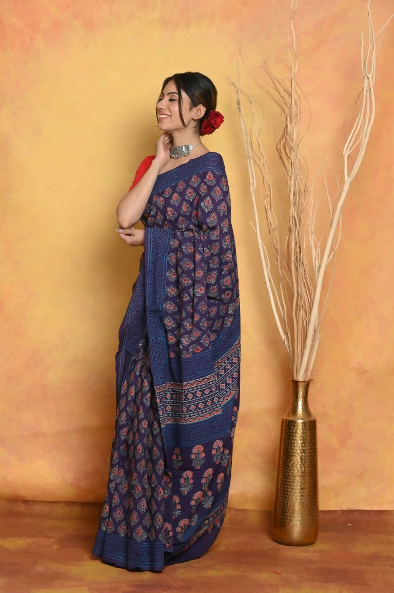 Very Much Indian Handblock Printed Cotton Saree With Natural Dyes - Blue