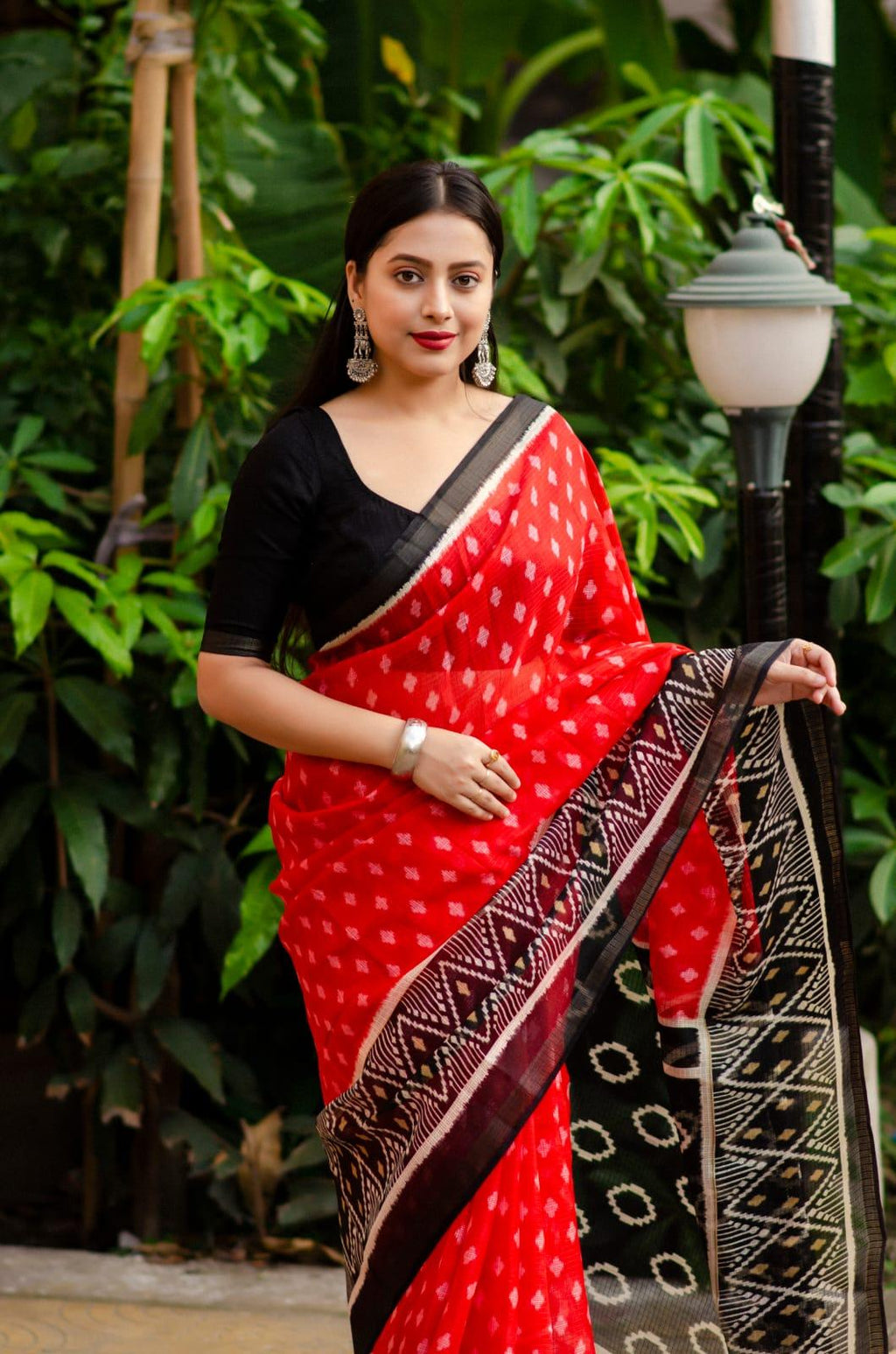 Red Polycotton Ethnic Motifs Saree with Unstitched Blouse - Hiral Fashion