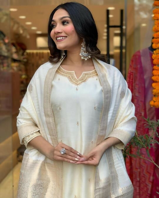 The52 White Beautiful Embroidered Viscose Chanderi Fabric Straight Kurta Pant with Dupatta Set