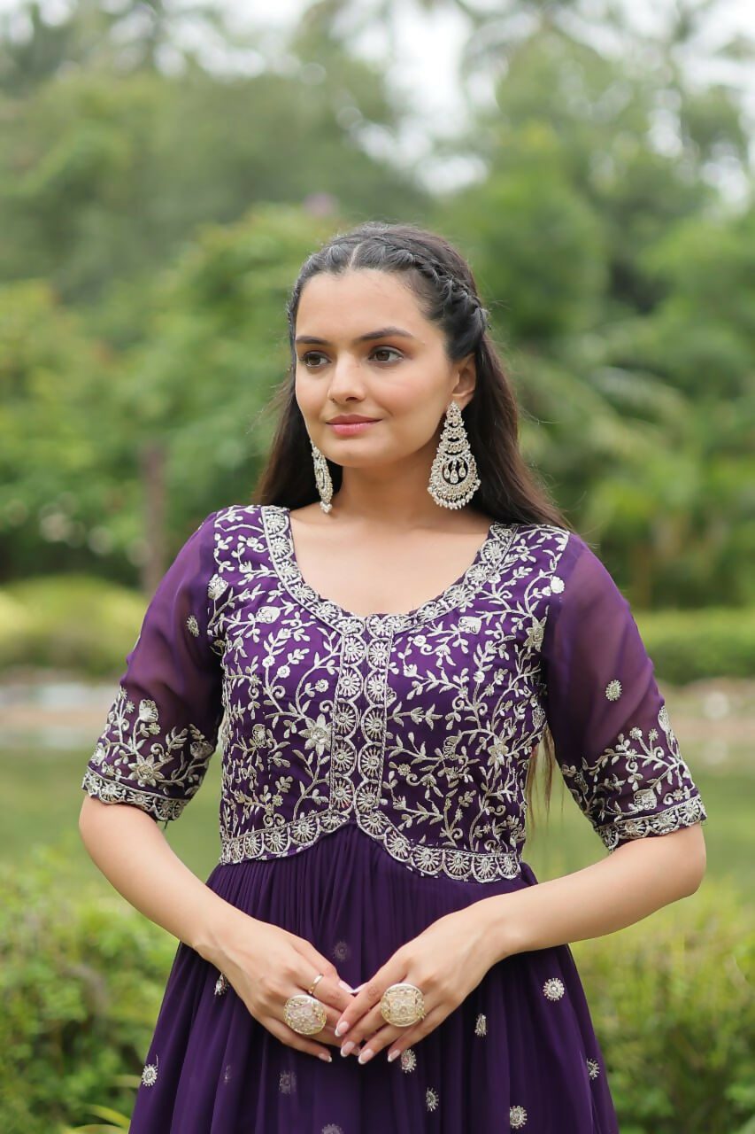 Vastranavya Premium Designer Faux Blooming with Embroidery Zari Sequins work Gown - Purple