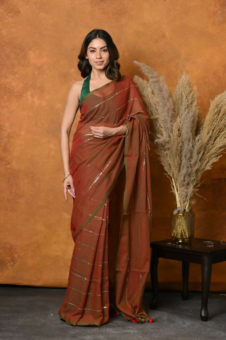 Very Much Indian Designer Mul Cotton Handloom Saree with Sequins - Dual Tone Red Green