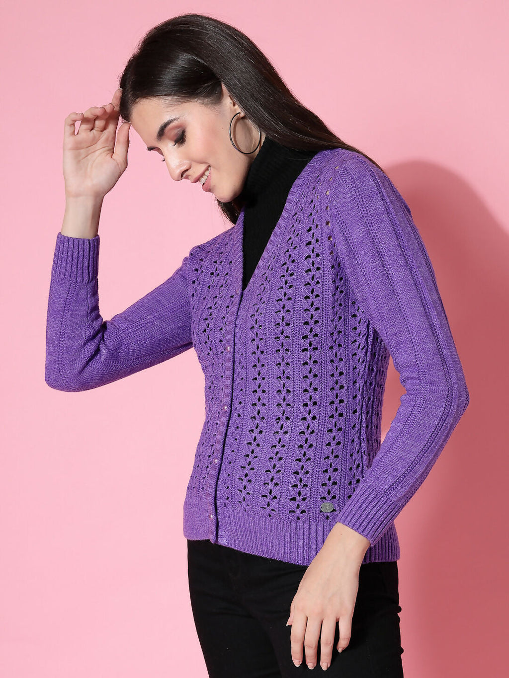 Women Pointelle Purple Acrylic Winter Cardigan - Wool Trees