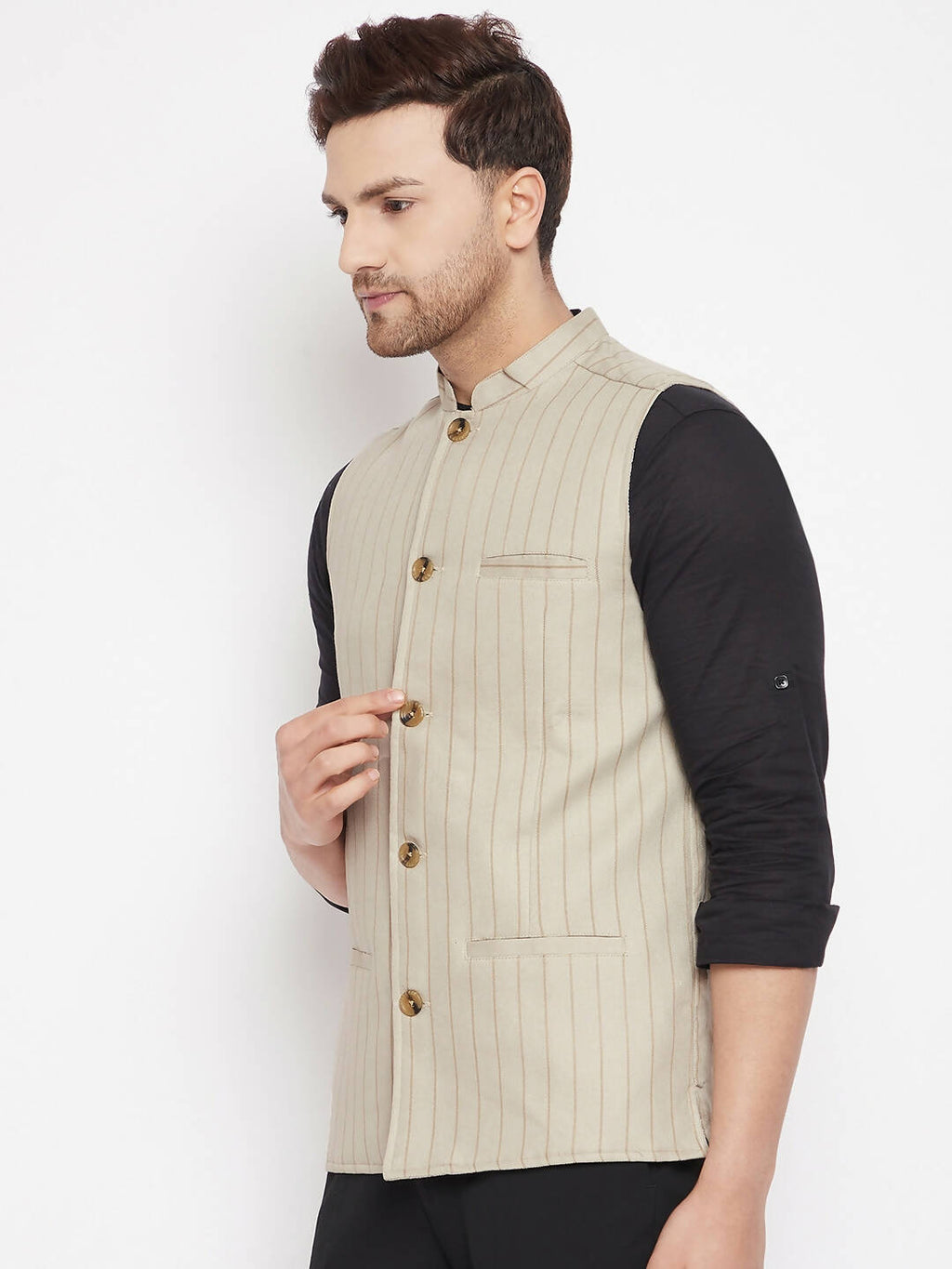 Even Apparels Beige Linen Blend Men Woven Nehru Jacket