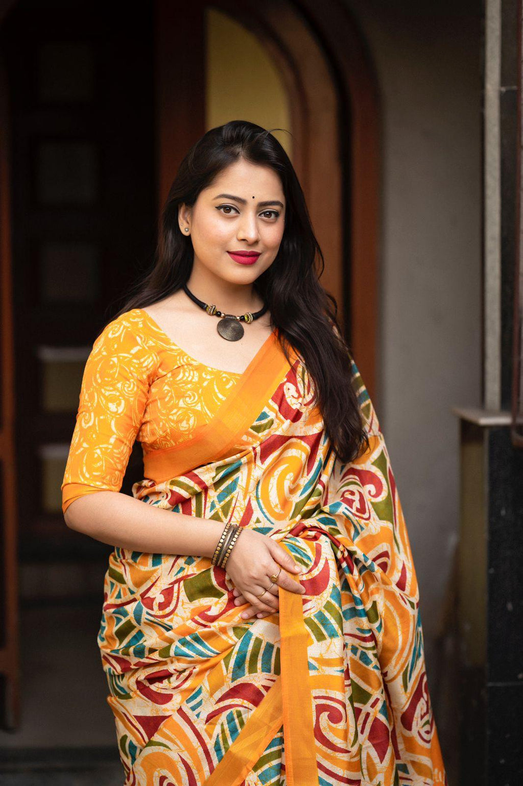 Mustard Cotton Crepe Batik Print Saree with Unstitched Blouse - Hiral Fashion