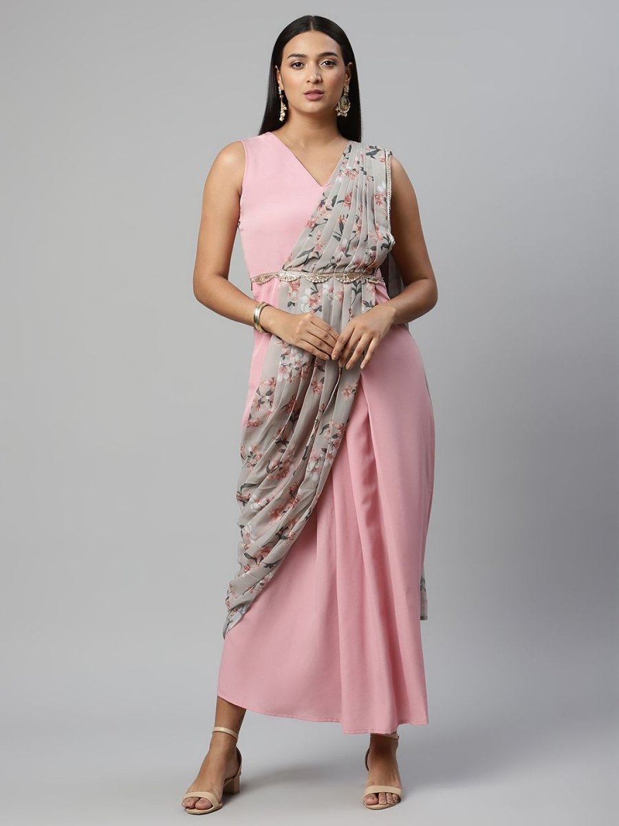 Ahalyaa Women Baby Pink Crepe Georgette Saree Dress With Printed Pallu