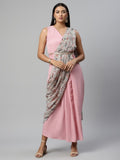 Ahalyaa Women Baby Pink Crepe Georgette Saree Dress With Printed Pallu
