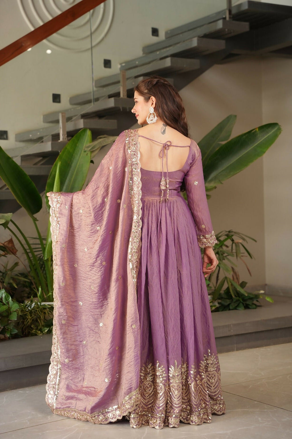 Teeya Creation Onion Color Fendy Silk Wedding Wear Embroidery Work Long Gown