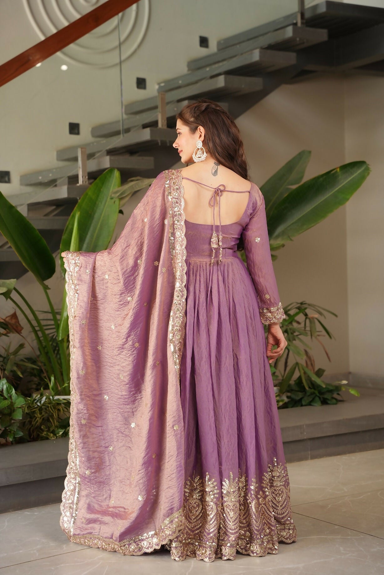 Teeya Creation Onion Color Fendy Silk Wedding Wear Embroidery Work Long Gown