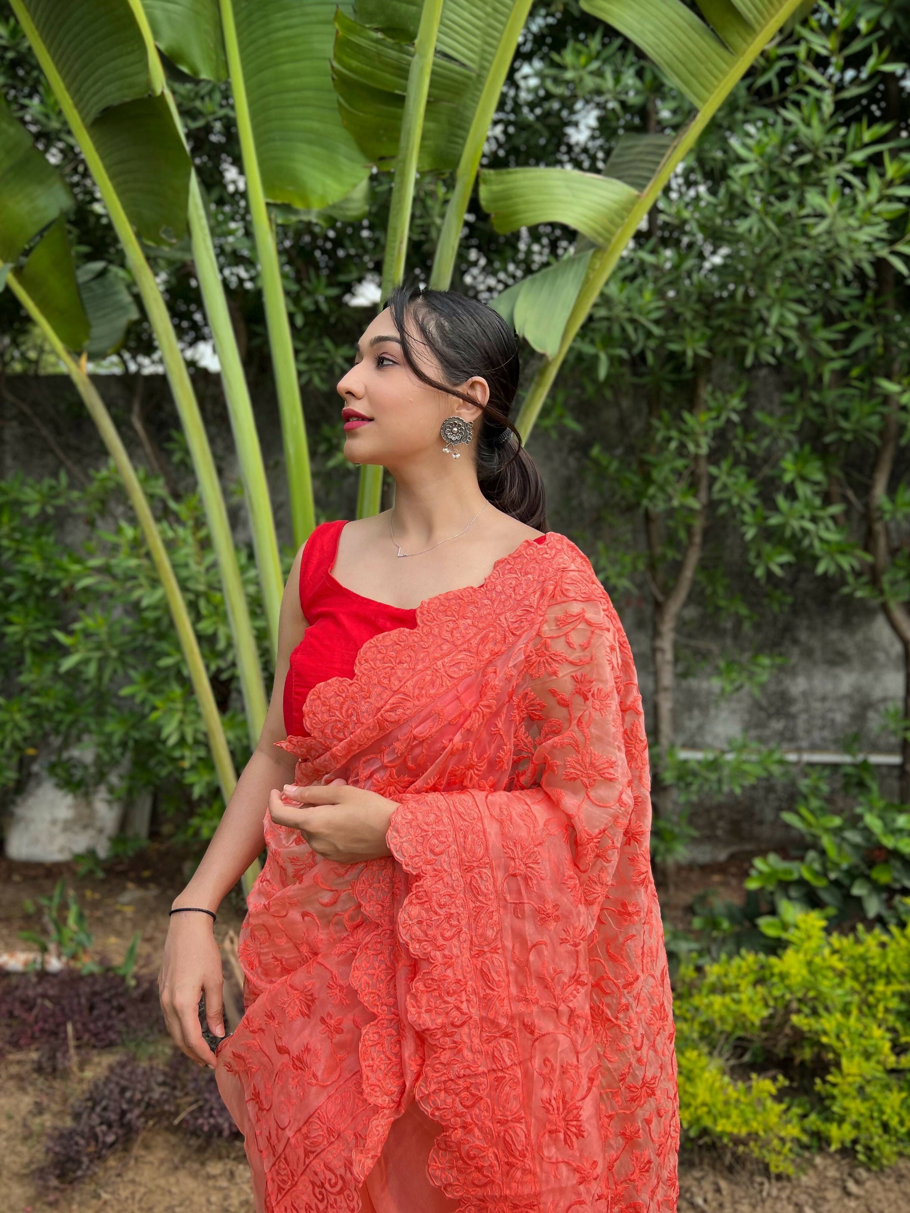 Vamsee Sujal Orange Organza Saree