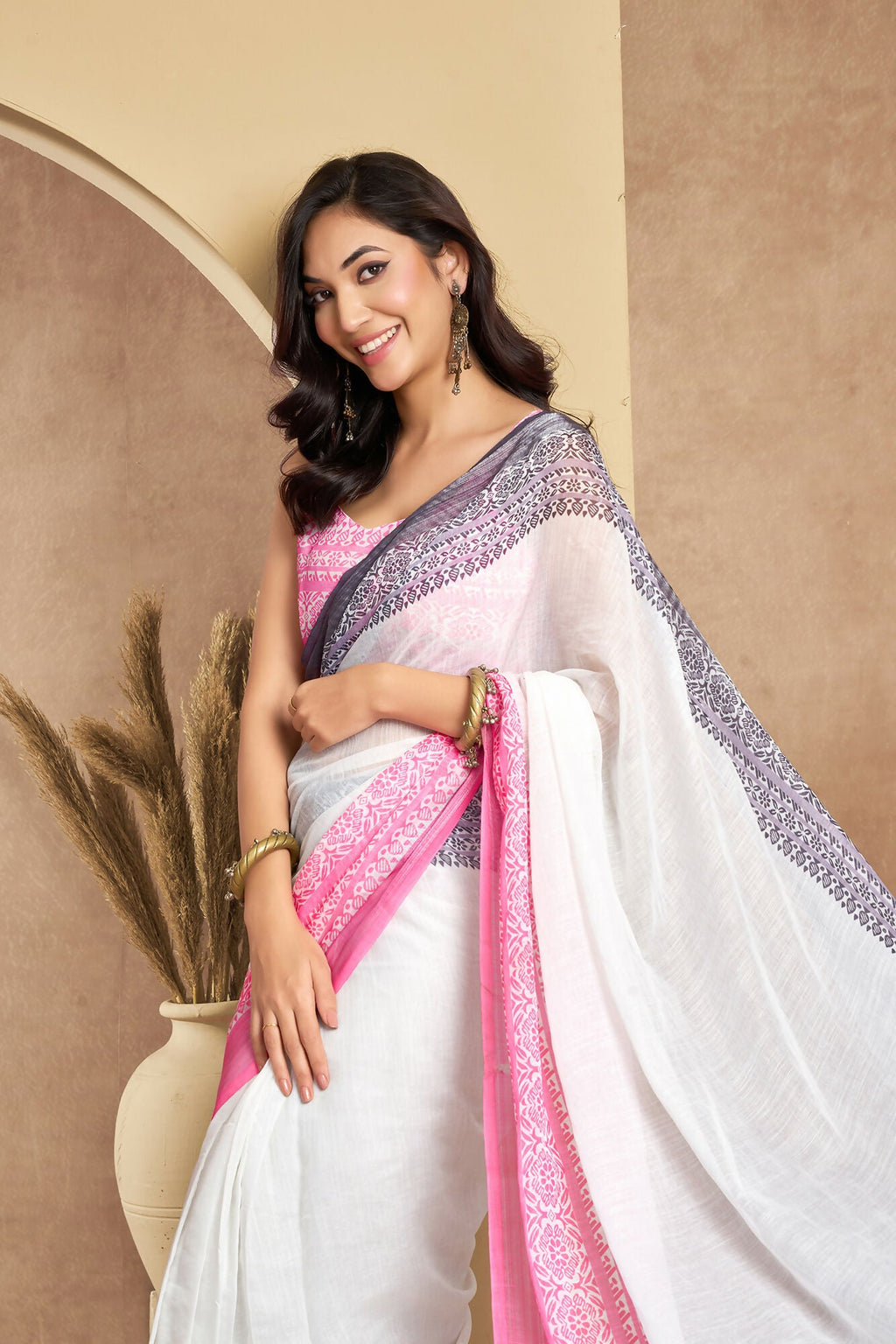 Vastranavya White Digital Printed Linen Ready To Wear Designer Saree with Unstitched Blouse