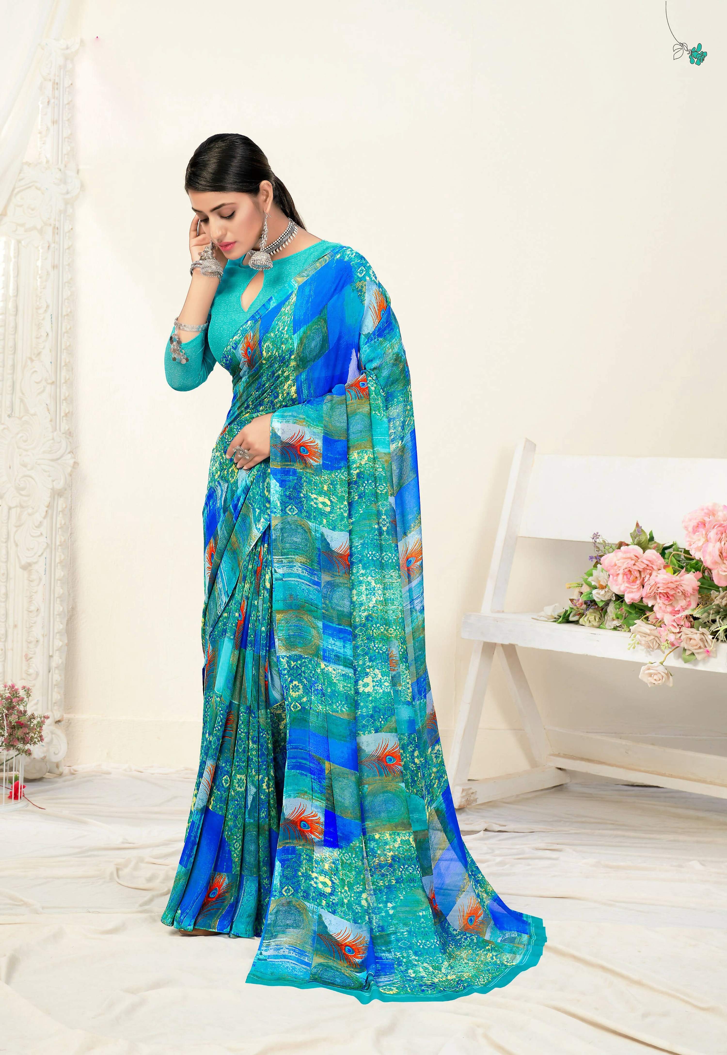 Blue Georgette Abstract Printed Saree With Unstitched Blouse Piece - Jyoti