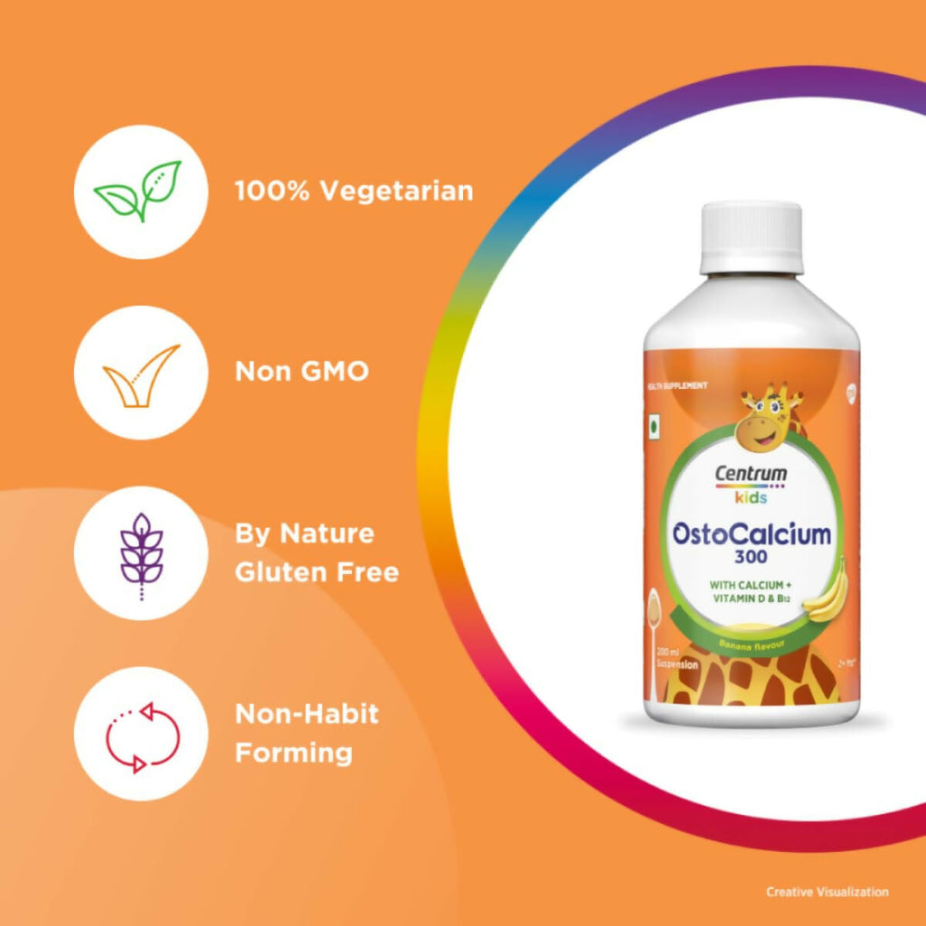 Centrum OstoCalcium 300 Suspension for Kids, Vit D & Calcium to support Growth, Strong Bones & Teeth