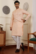 Peach Viscose Woven Jacquard Work Men's Rajwadi Kurta Set - Mahotsav