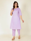Aramya Pink Soft Cotton Solid Print A-line Kurta Pant Set for Women