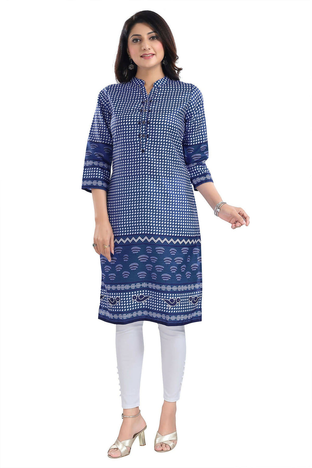 Snehal Creations Indigo Blue Designer Digital Print Cotton Slub Fabric Long Kurti Tunic