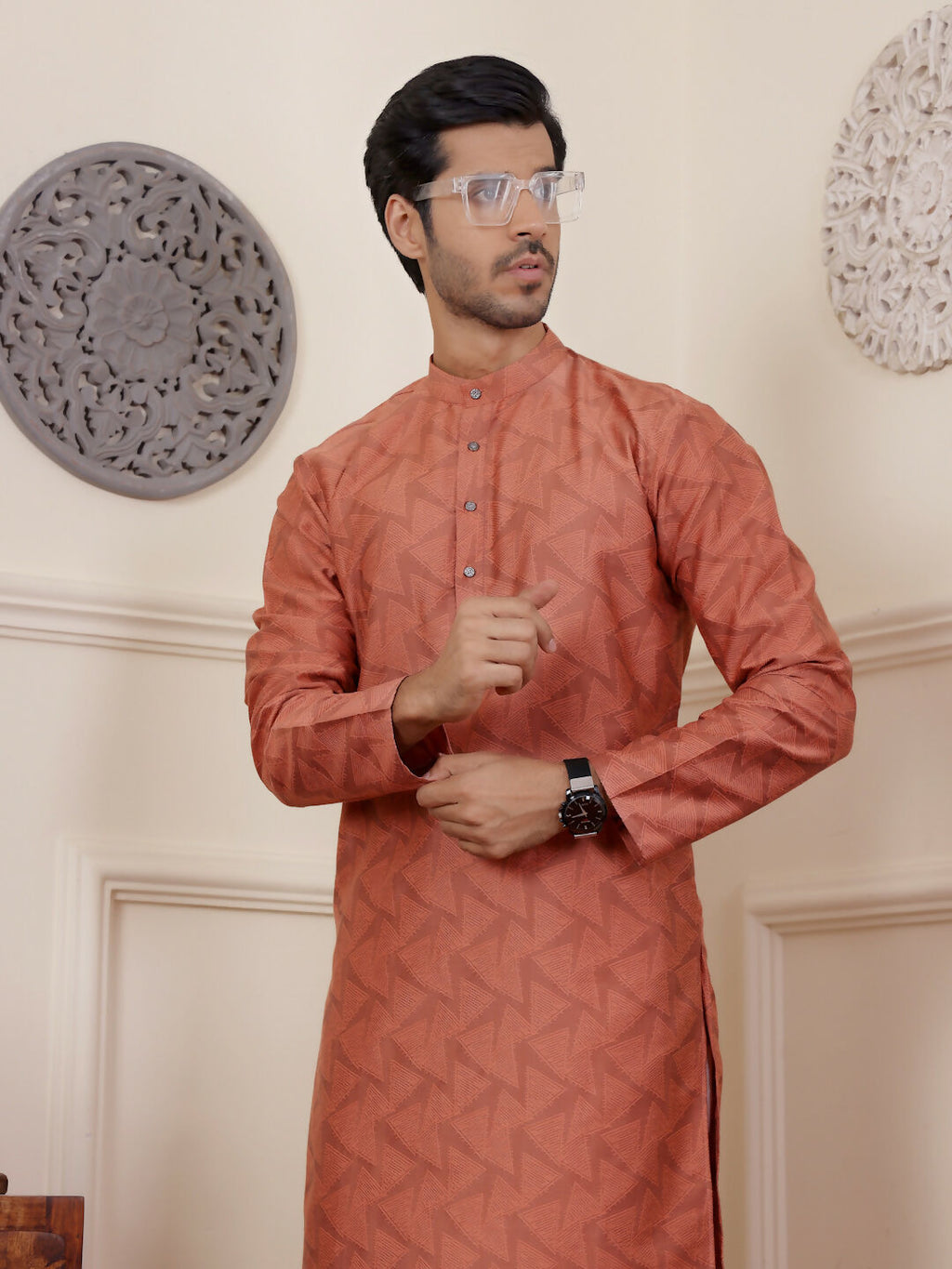 Orange Viscose Woven Jacquard Work Men's Rajwadi Kurta Set - Mahotsav