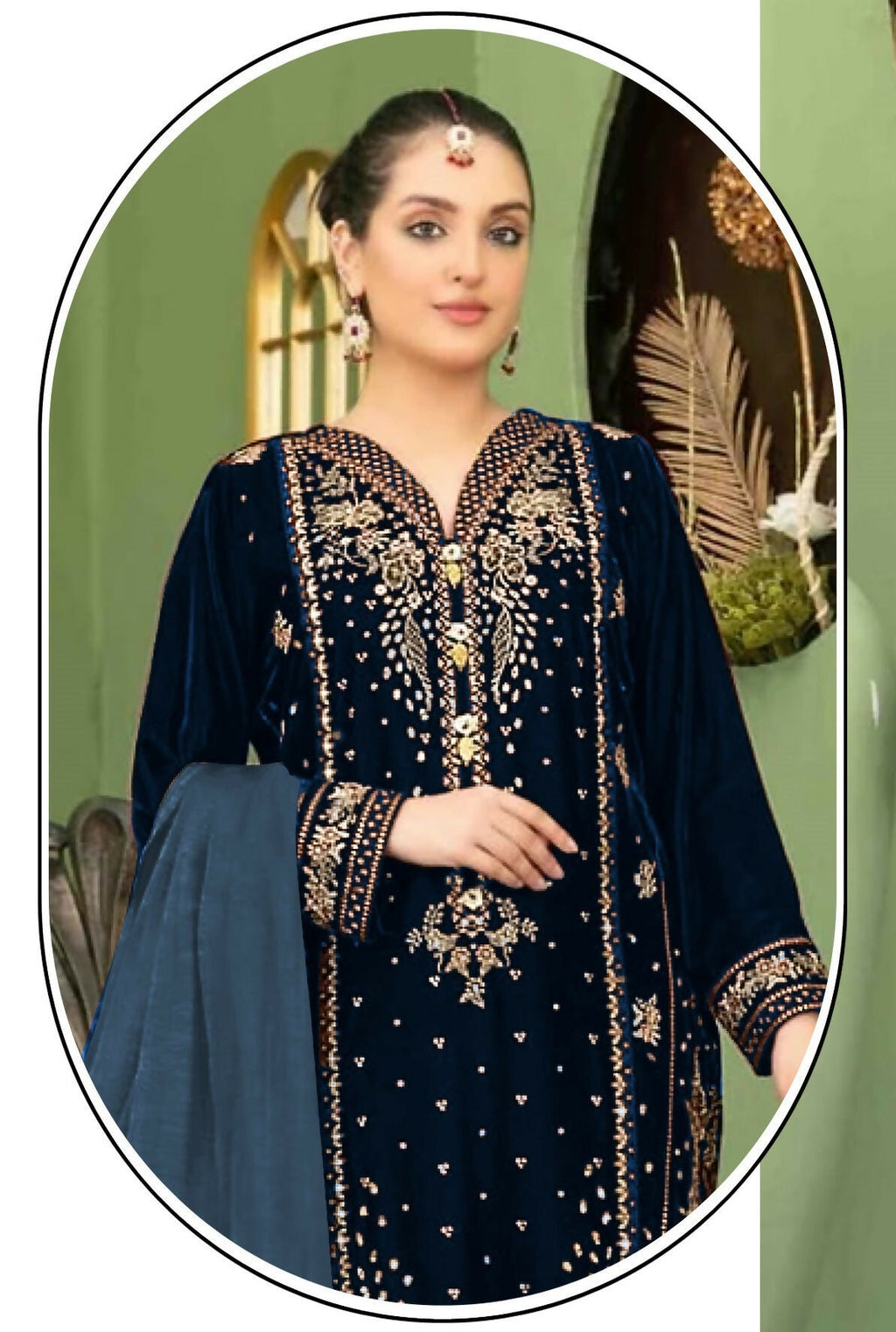 Anaita Navy Blue Velvet Suit with Embroidery Sequence Work