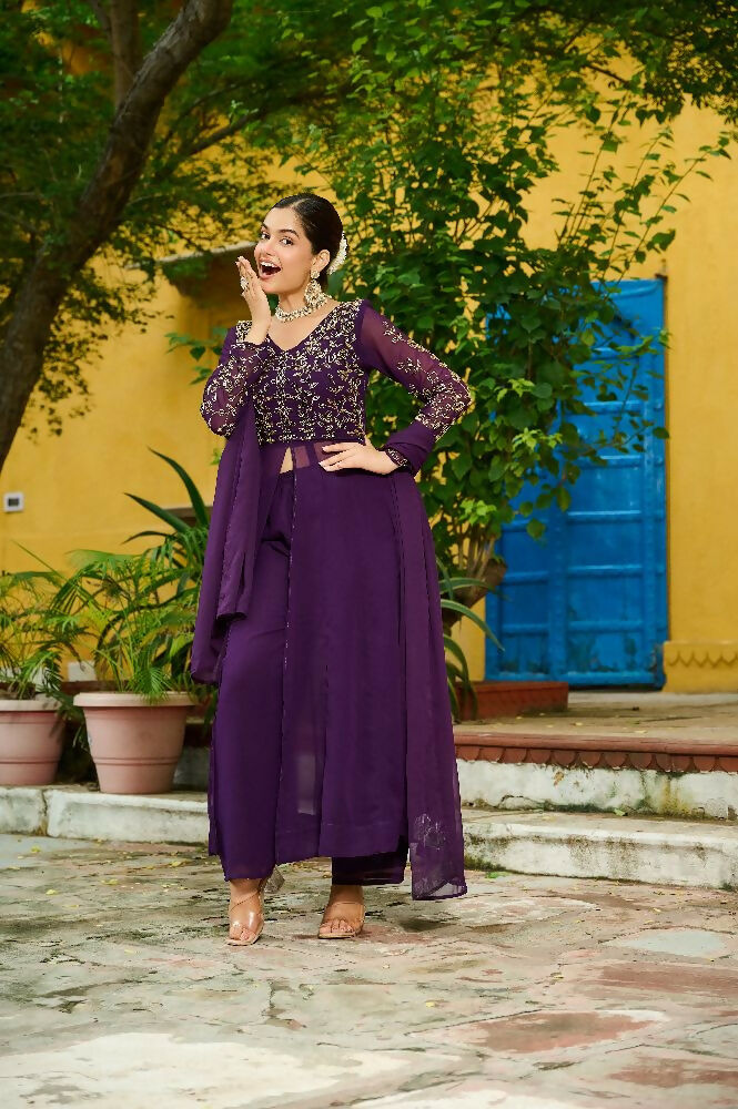 Joban Fashion Purple Readymade Kurta Set With Sequence embroidery Work