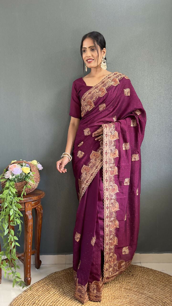 Vastranavya Purple Vichitra Silk Zari with Swarovski Work Ready to Wear Saree