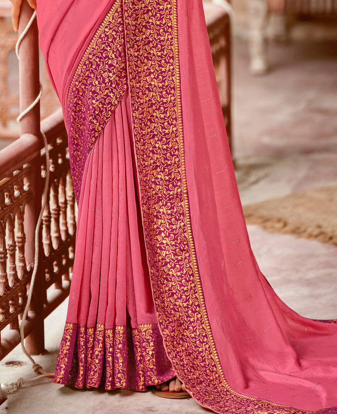Pink Vichitra Stone Work Saree With Unstitched Blouse Piece - Rosy