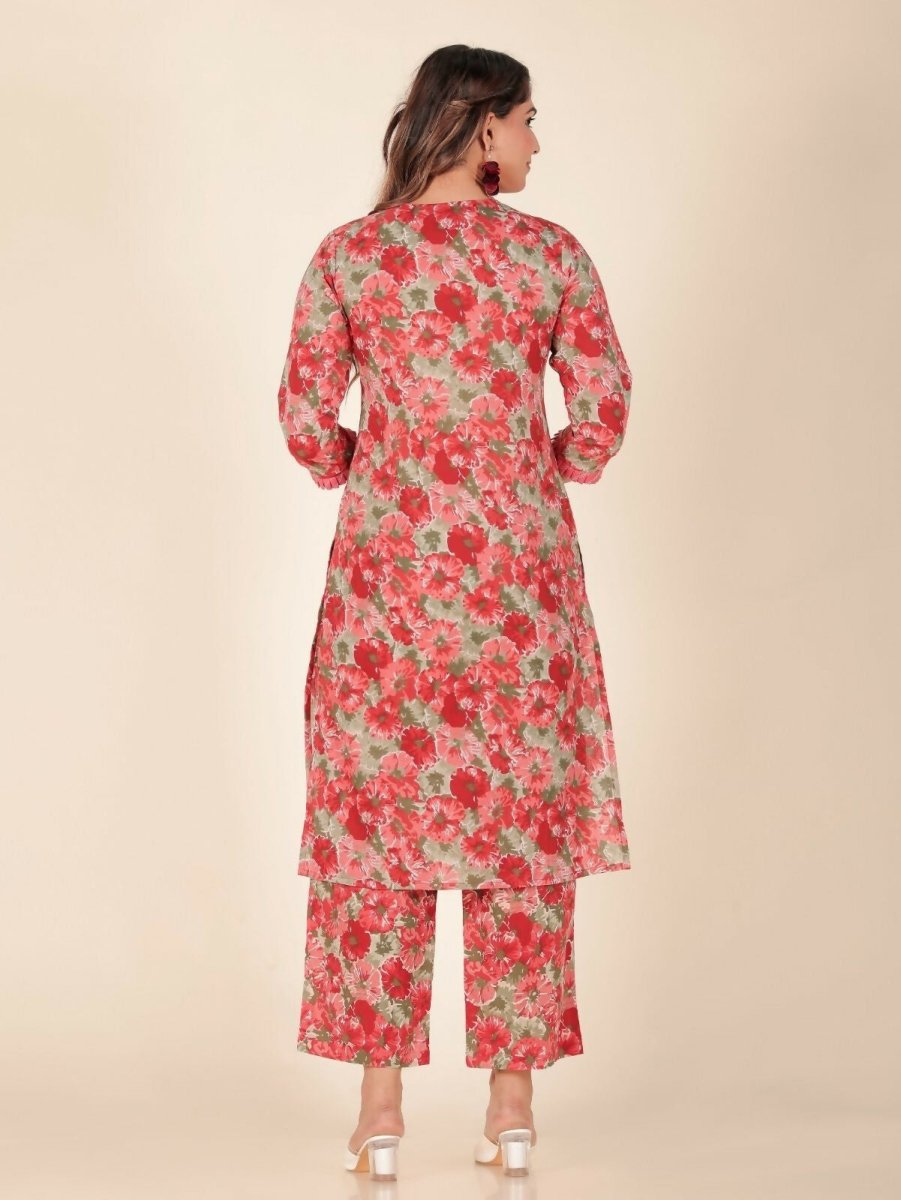 Aramya Red Soft Cotton Floral Print Panelled Kurta Set for Women