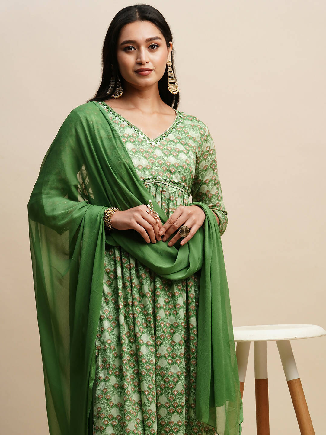 Green Pure Cotton Floral Printed Naira Cut Kurta And Bottom With Dupatta - Akashara