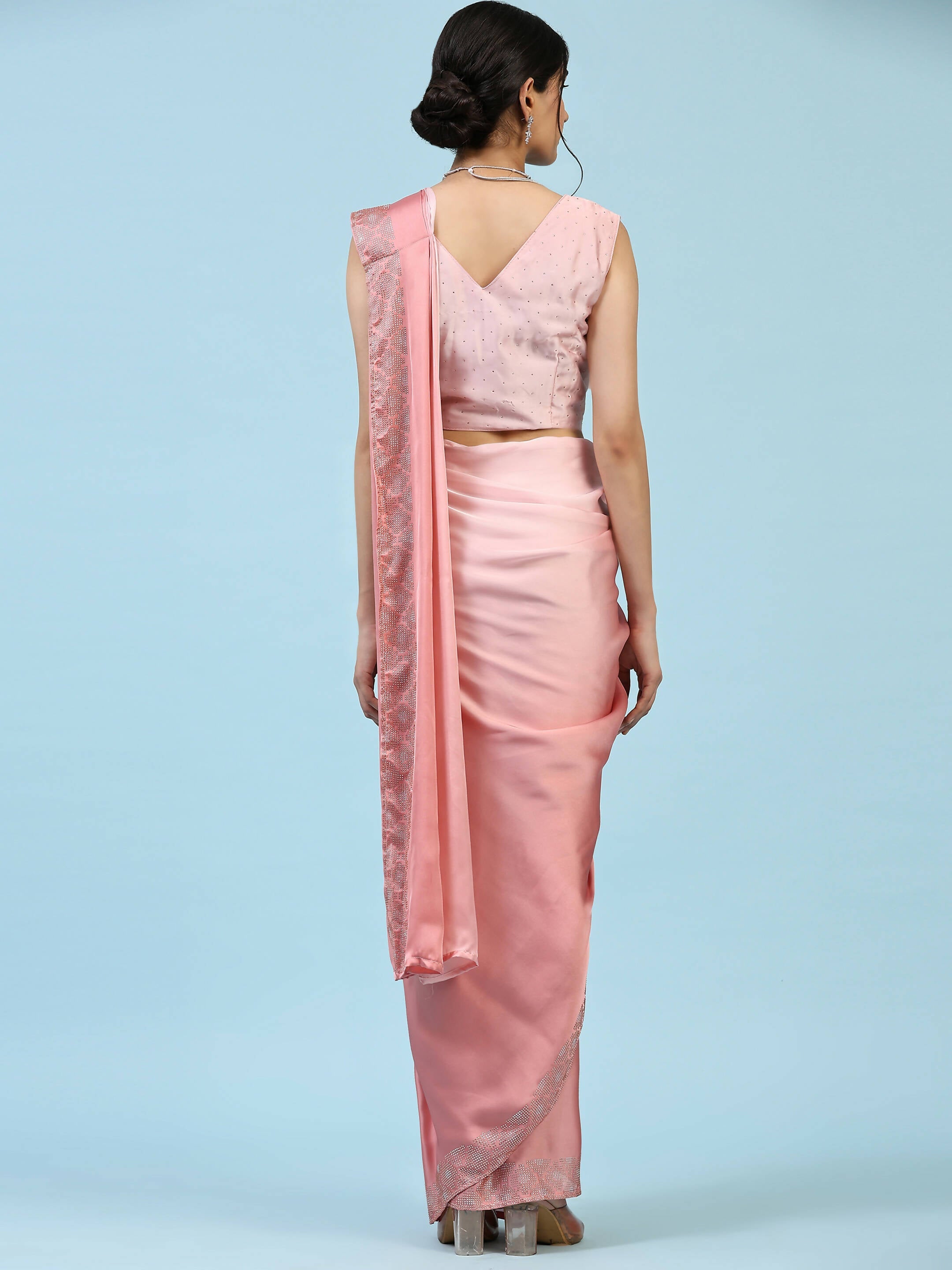 Peach Ombre Satin Georgette Plain Ready to wear Saree with stitched Blouse - Vrinda