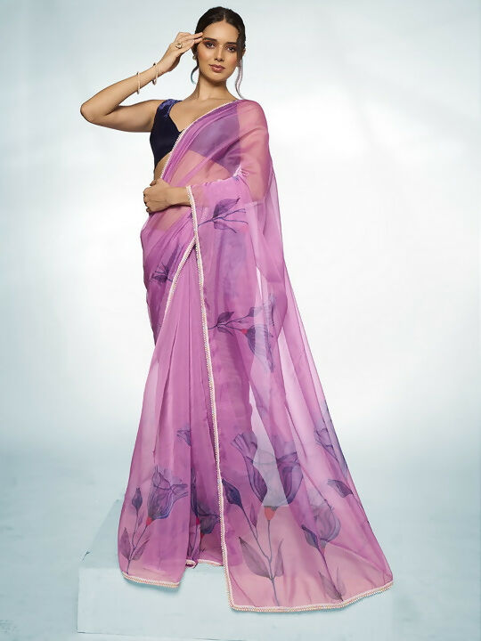 Purple Organza Designer Printed Saree - Shezlin