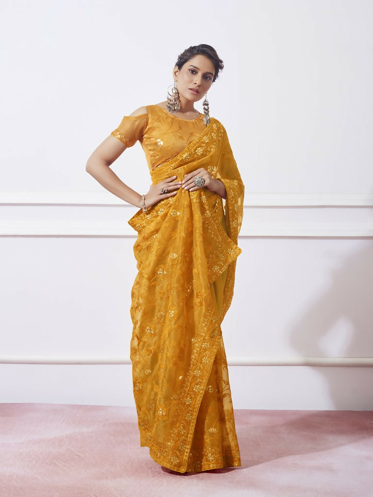 Mustard Simmar Designer Thread Embroidery Work Saree with Unstitched Blouse - Vandini