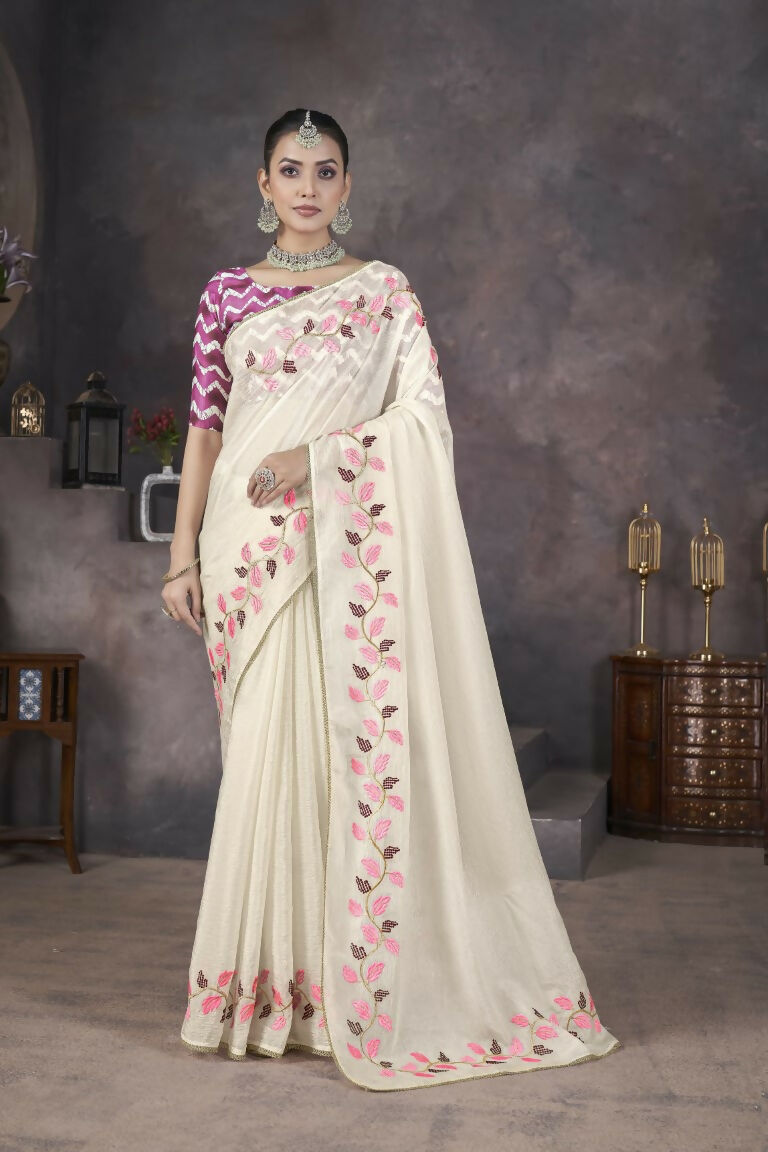 Vastranavya Off White Soft Crush Georgette Thread Embroidery work of Leaf Pattern with Patched Lace Border Saree